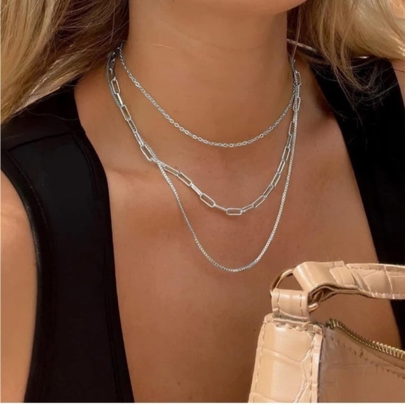 Silver 14k Silver Plated 3pc Paperclip Necklace Set - Picture 3 of 3